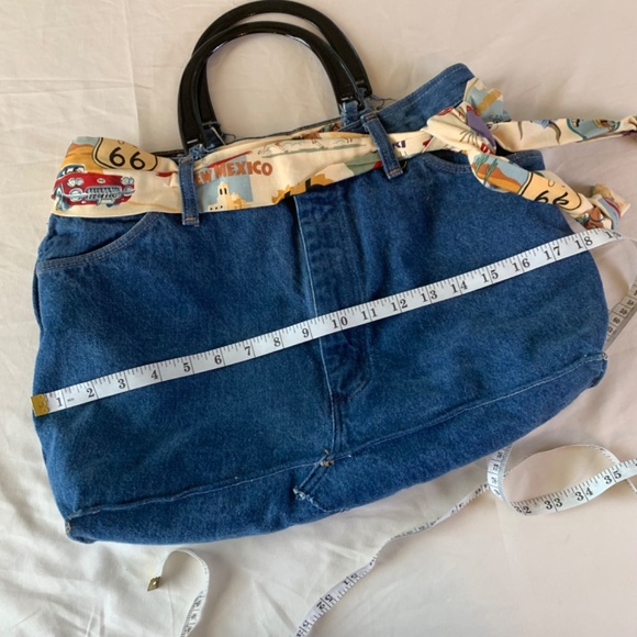 Vintage Handmade Womens Denim Purse Handbag Bow Lined Route 66 18x11” - Picture 8 of 13